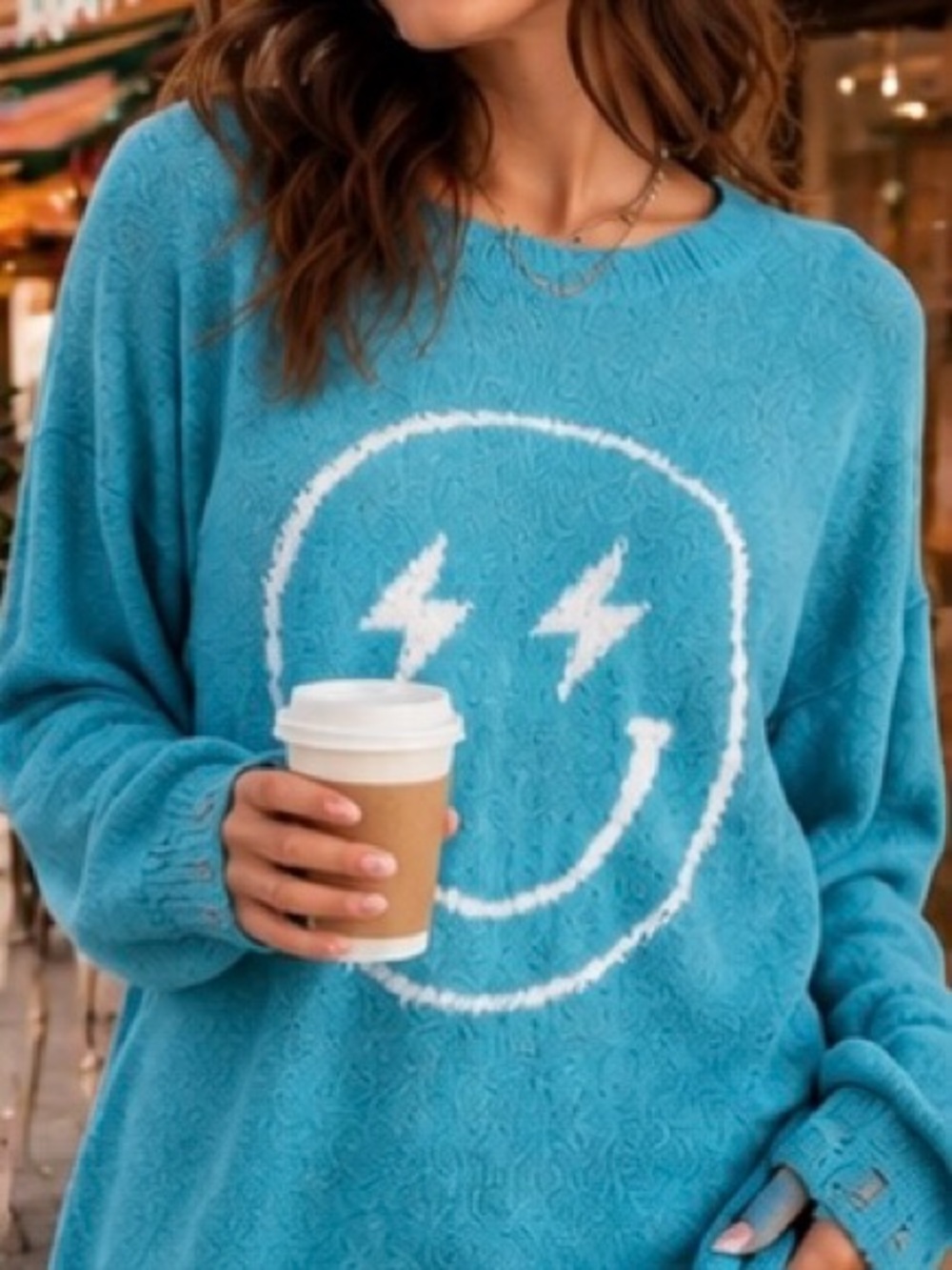Easel Electric Smiley Face Distressed Sweater Turquoise Teal Blue Size Small NWT - Picture 6 of 8